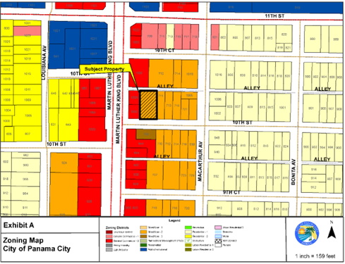 Zoning Map: The subject parcel, depicted by black hatching and a black outline,  located at 709 E 10th Street, in southern Panama City, east of Martin Luther King Jr. Boulevard and immediately north of E 10th Street is zoned Mixed Use-2, MU-2 and depicted by the color orange on the zoning map. Properties located to north are zoned MU-2 and General Commercial-2, GC-2 depicted by the color red.  Parcel to the east are zoned MU-2 and parcels zoned Residential-1, R-1 depicted by light yellow are located across MacArthur Avenue to the east. Parcels zoned MU-2 and GC-2 are located to the south across E10th Street. One parcel located to the south across E 10th Street is zoned Mixed Use-3, MU-3, depicted by the color brown.