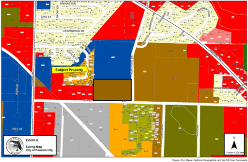 Zoning Map: The subject parcel, depicted by black hatching and a black outline, is located at 1900 Northside Drive, northwest of the W 19th Street and Northside Drive intersection within the western portion of Panama City. The subject parcel is zoned Mixed Use-3 and depicted by the color brown on the zoning map. The property located to the north is zoned Public Institutional (P/I) and depicted by the color blue. Further north across W 23rd Street is General Commercial-2, GC-2, depicted by the color red and northeast are parcels zoned Residential-1, R-1, depicted by light yellow. To the east across Northside Drive are parcels zoned MU-3. To the southeast across W 19th Street are parcels zoned MU-3 and Urban Residential-2 (UR-2) depicted by the color dark green. Parcels to the south are zoned Mixed Use-2, MU-2, depicted by the color orange and Urban residential-1, UR-1, depicted by the color green. Parcels to the south are zoned Light Industrial, LI, depicted by the color grey. Parcels to the west are GC-2, MU-2 and R-1.