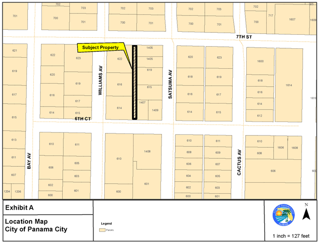 Location Map: The subject property, depicted by black hatching and a black outline, an approximately 20 ft. wide alleyway located immediately northeast of the Williams Avenue and E 6th Court intersection and south of E 7th Street. The alleyway is surrounded by beige colored parcels outlined in black.  The parcel is located within southern Panama City.