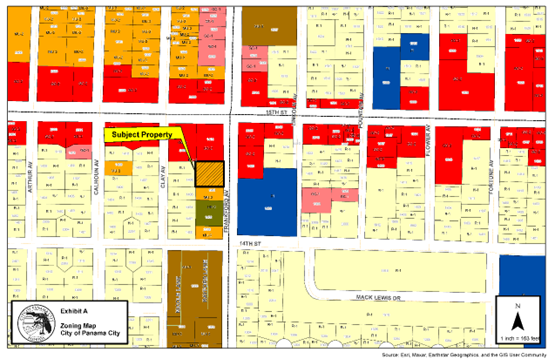 Zoning Map: The subject parcel, depicted by black hatching and a black outline, is located at 1413 Frankford Avenue in southwestern Panama City, southwest of the 15th Street and Frankford Avenue intersection and immediately west of Frankford Avenue. The subject parcel is zoned Mixed Use-2, MU-2, depicted by the color orange. Parcels located to the north and northwest are zoned General Commercial-2, GC-2, depicted by the color red. GC-2 is located to the northeast across Frankford. A parcel zoned Public institutional (P/I), depicted by the color blue is located to the southeast across Frankford Avenue. Parcels zoned MU-2 and Urban Residential-2, UR-2, depicted by the color green is located to the south. Residential-1, R-1 zoned parcel, depicted by the color yellow are located to the west. 