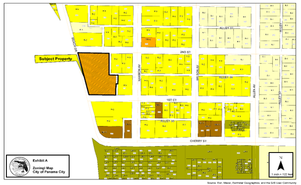 Zoning Map: The subject property, depicted by black hatching and a black outline, is located at 621 E Beach Drive in southern Panama Citya and zoned Mixed Use-2, MU-2, depicted in the color orange located southwest of the 2nd Street and Harmon Avenue intersection and east of Beach Drive. Parcels to the north, east and south of the subject property are predominately zoned Residential-2, R-2, depicted by the color yellow. One parcel north of 2nd Street is zoned Residential-1, R-1 depicted by the color light yellow. One parcel zoned MU-2 located to northeast of the Harmon Avenue and  2nd Street intersection is zoned MU-2. Parcel located to the south of 1st Court are predominately zoned R-2 and some are zoned Mixed Use-3, MU-3, depicted by the color brown. Parcels further to east are zoned Residential-1, R-1. Parcel located further to the south are zoned Urban Residential-1, UR-1 and depicted by the color green.  