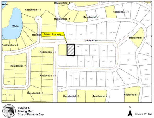 Zoning Map: The subject parcel, depicted by a black outline and black hatching, is located southeast of the Kings Road and Queens Circle intersection and west of Crown Court at 143 Queens Circle. The parcel adjacent to the subject property to the west is designated as Residential on the City’s Future Land Use Map and zoned Residential-1. The color indicated for R-1 zoning districts is yellow. Parcels to the North across Queens Circle, East, and to the South are designated as Residential on Bay County’s Future Land Use Map and zoned Residential-1. All parcels outside of the City of Panama City within Bay County are indicated by the color white.