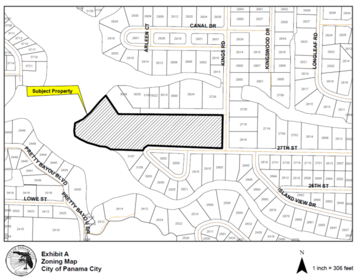 Zoning Map: The subject parcel, depicted by a black outline and black hatching, is located West of the intersection of Kings Road and W 27th Street at 3106 W 27th Street. The subject parcel and all neighboring parcels are designated as Residential on Bay County’s Future Land Use Map and zoned Residential-1. All parcels outside of the City of Panama City within Bay County are indicated by the color white.