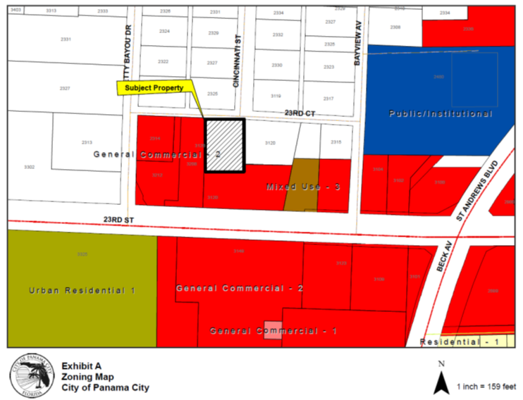 Zoning Map: The zoning map depicts the subject property with black hatching and a black outline, located at 3128 W 23rd Court, located northwest of the W 23rd Street and Bayview Avenue intersection and northeast of W 23rd Street and Pretty Bayou Drive intersection and south of the W 23rd Court and Cincinnati Street intersection. The subject property is currently zoned Residential-1 (Bay County) and is depicted by the color white. General Commercial-2, GC-2 is located to the southeast, south, and west of the subject property, depicted in Red. A parcel zoned Mixed Use-3, MU-3 is indicated by the color brown and located to the southeast.  A parcel zoned Public Institutional (PI) is indicated by the color blue and located to the northeast across Bayview Avenue. A parcel zoned Urban Residential-1, UR-1 is located across 23rd Street to the south and indicated by the color green.