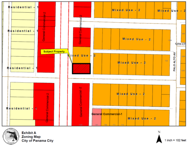 Zoning Map: The zoning map depicts the subject property with black hatching and a black outline, located immediately northeast of the Martin Luther King Jr. Boulevard/ Highway 77 and E 12th Street intersection. The subject property is currently zoned General Commercial-2, GC-2 and is depicted by the color red. GC-2 is located to the south and west. Parcels zoned Mixed Use, MU-2 are located to the east. A parcel zoned General Commercial-1, GC-1 is located further south. Parcels zoned Residential-1, R-1 are also located across Martin Luther King Jr. Boulevard/ Highway 77 and depicted by the color yellow.