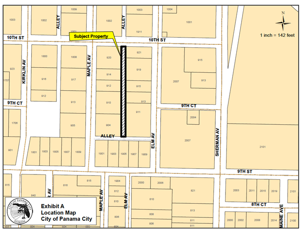 Location Map: The subject property, depicted by black hatching and a black outline, an approximately 20 ft. wide alleyway located immediately south of E 10th Street, east of Maple Avenue, west of Elm Avenue and north of E 9th Street. The alleyway is surrounded by beige colored parcels outlined in black.  The parcel is located within southern Panama City.