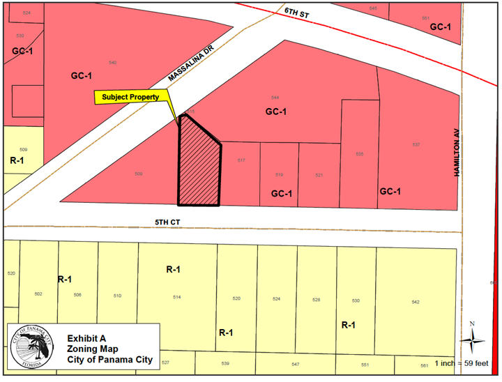 Zoning Map: The zoning map depicts the subject property with black hatching and a black outline, located at 515 E 5th Court, immediately north of E 5th Court and east of the Massalina Drive and E 5th Court intersection. The subject property is currently zoned General Commercial-1, GC-1 and it is depicted by the color pink. GC-1 is located to the north, east and west of the subject property. Residential-1, R-1 is located to the south across E 5th Court. R-1 is depicted by the color yellow.    