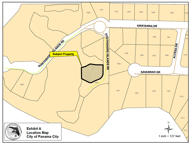 Location Map: The subject property, depicted by black hatching and a black outline, located at 4201 Southshore Islands Road, immediately west of Southshore Islands Road and east of Northshore Islands Road. The subject parcel is surrounded by beige colored parcels outlined in black. The parcel is located within northwest Panama City and north of Goose Bayou.